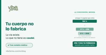 Conversión del omega-3 vegetal medida: 21 % pasa a EPA y 9 % a DHA en mujeres jóvenes; la salida es el EPA y el DHA ya formados