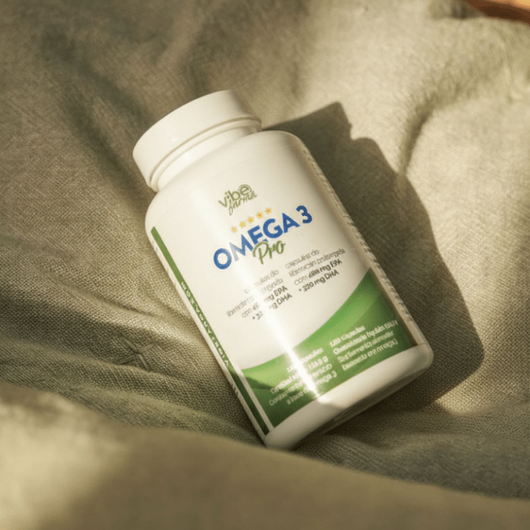 Vibefarma Omega 3 Pro bottle resting on a soft fabric background