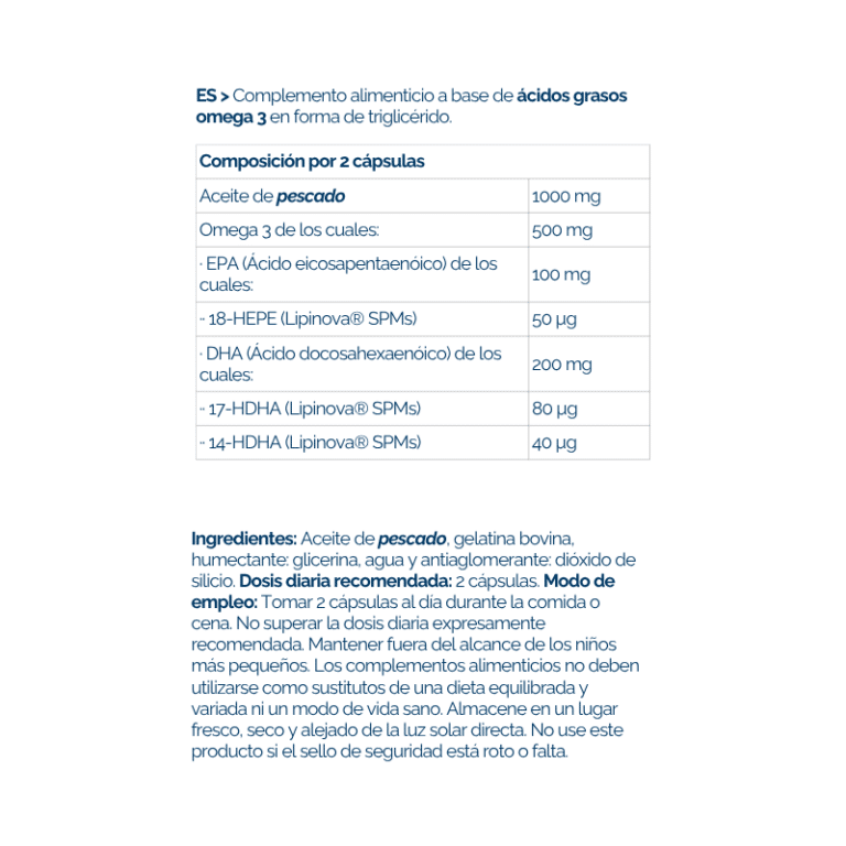 SPMs Pro composition per 2 capsules: fish oil, EPA, DHA and measured 18-HEPE, 17-HDHA and 14-HDHA from Lipinova