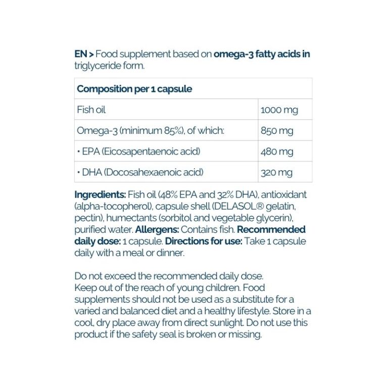 Omega 3 Pro supplement facts: 1000 mg fish oil per capsule, 480 mg EPA and 320 mg DHA, ingredients and directions for use