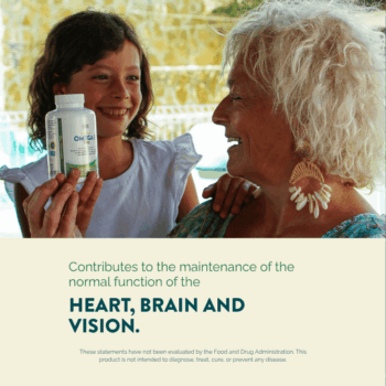A girl and her grandmother holding Omega 3 Pro — contributes to the normal function of heart, brain and vision