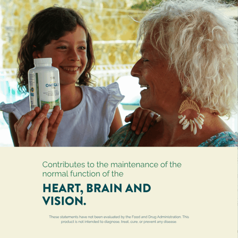 A girl and her grandmother holding Omega 3 Pro — contributes to the normal function of heart, brain and vision